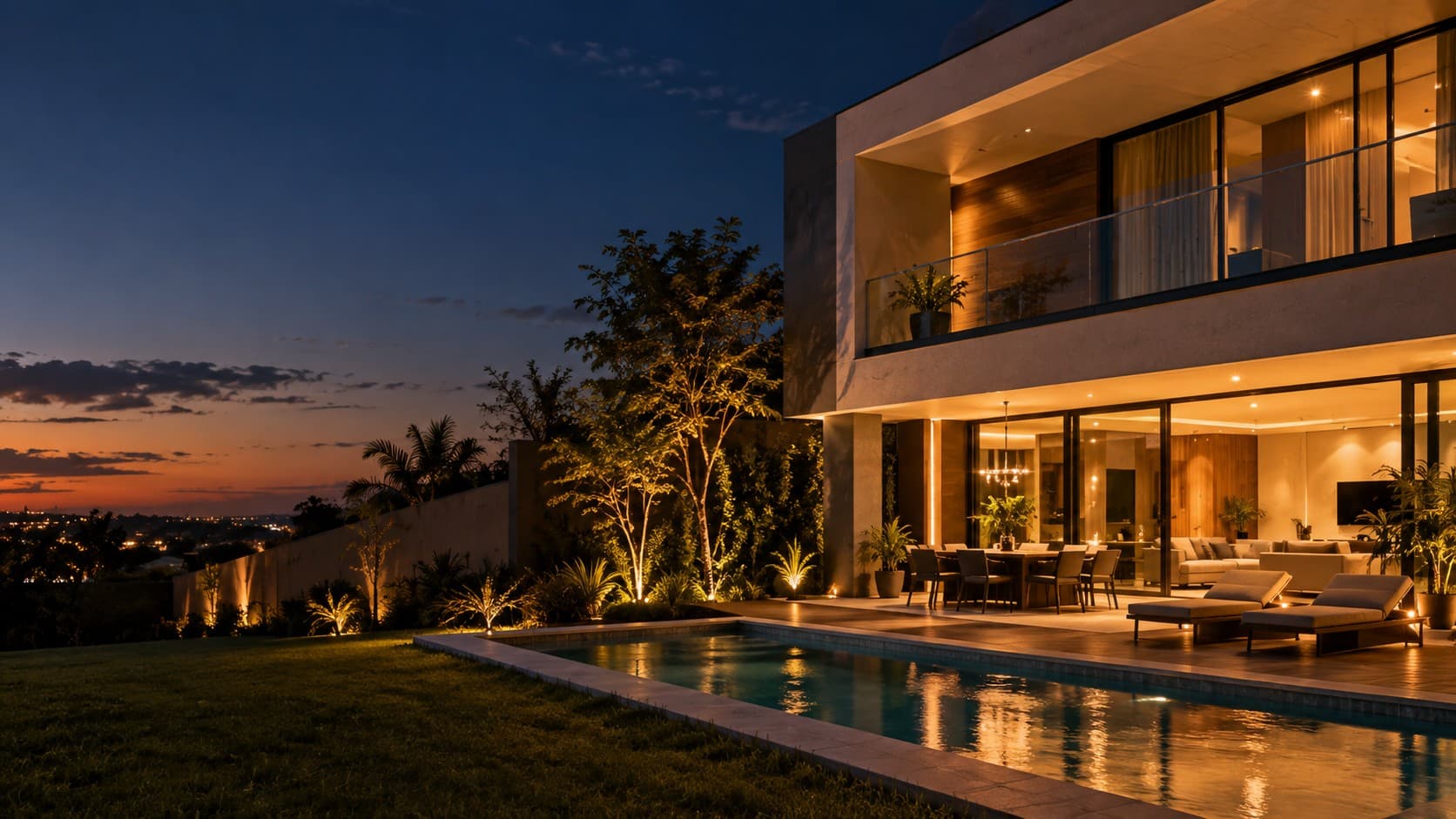 Casa moderna com piscina ao entardecer — J&B Consultores Imobiliários